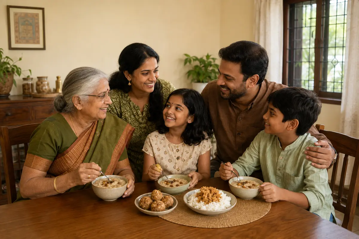 A multigenerational Indian family sharing homemade millet foods