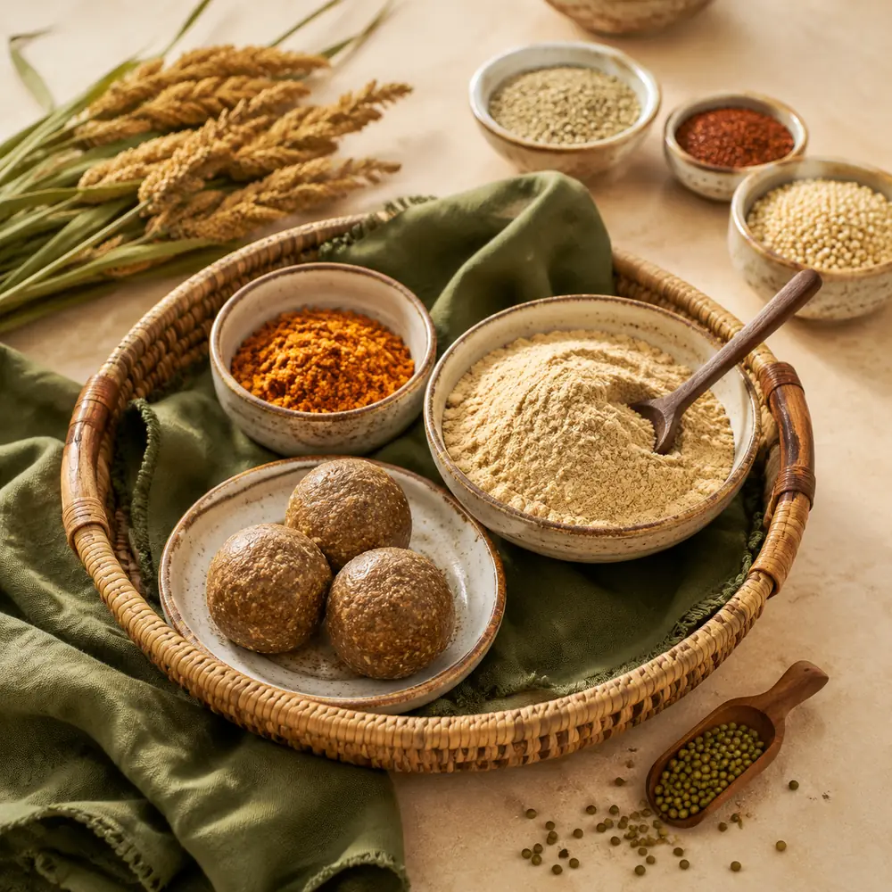 A curated combination of millet powder, podi, whole grains and laddus