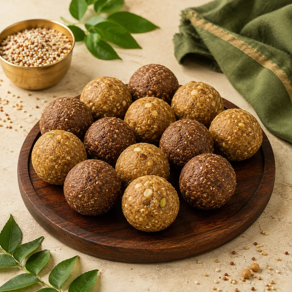 Assorted homemade millet laddus on a wooden board