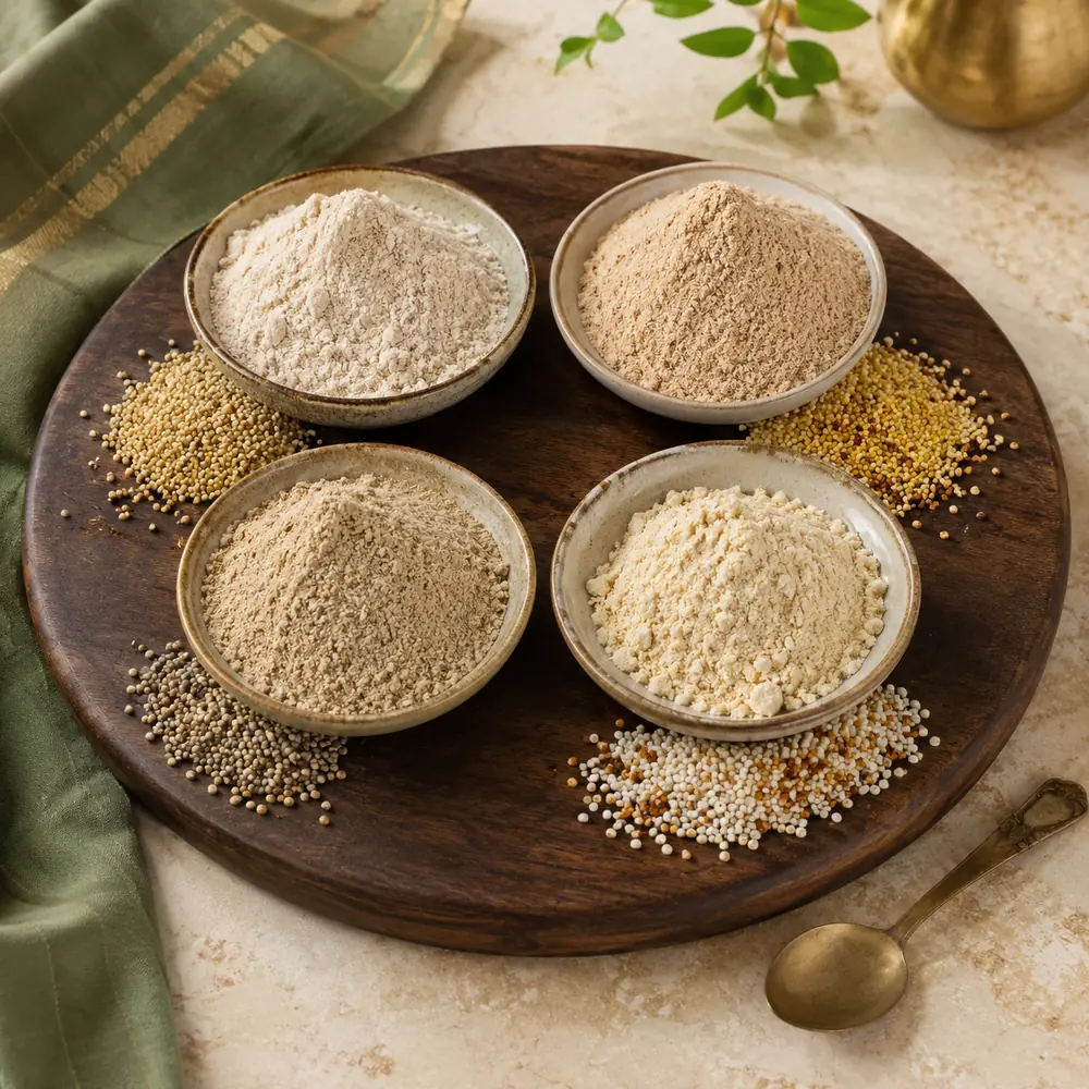 Assorted soaked and roasted millet powders with whole grains