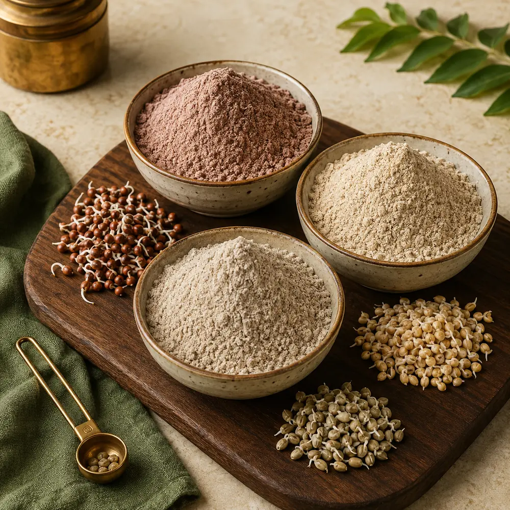 Bowls of sprouted millet powders with whole and sprouted grains