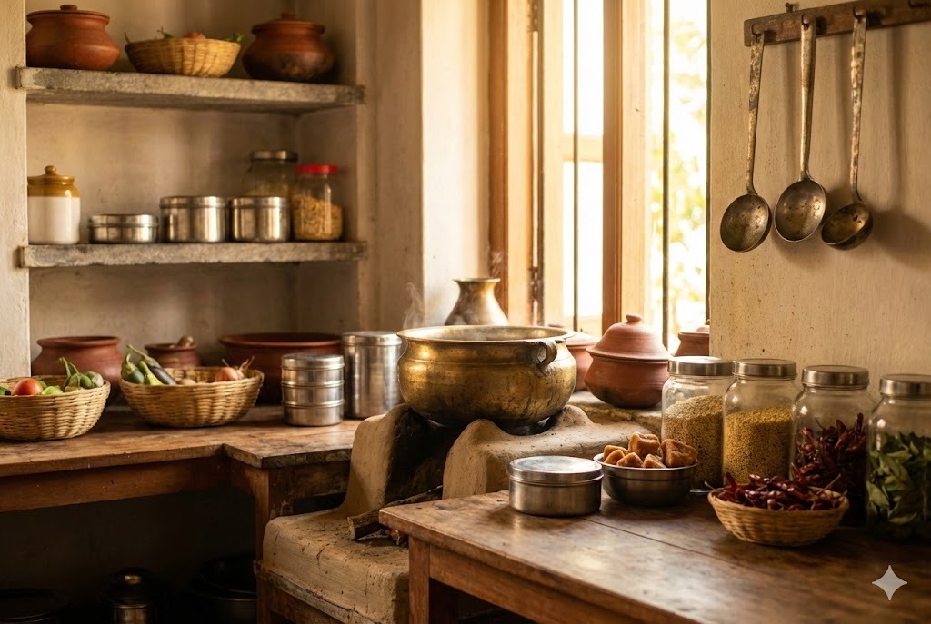 Savithra cooking in kitchen